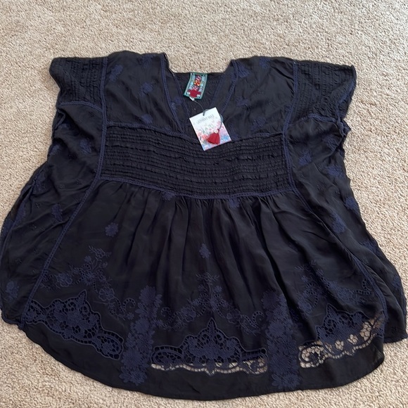 New! JOHNNY WAS Size XL black with blue embroidered Heidine poncho tunic top